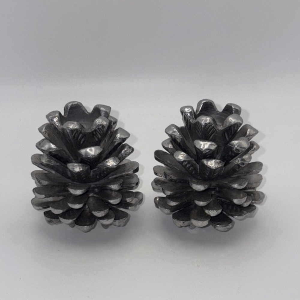 Vintage Pinecone Candlestick Holders | Rustic Pewter-Style Set Woodland Holiday